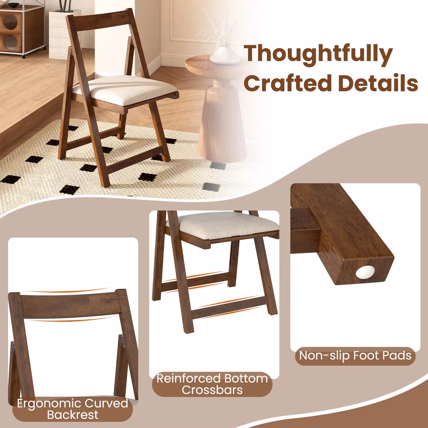 Costway Set of 4 Foldable Armless Dining Chairs in Walnut Brown with Fabric Upholstery – 8