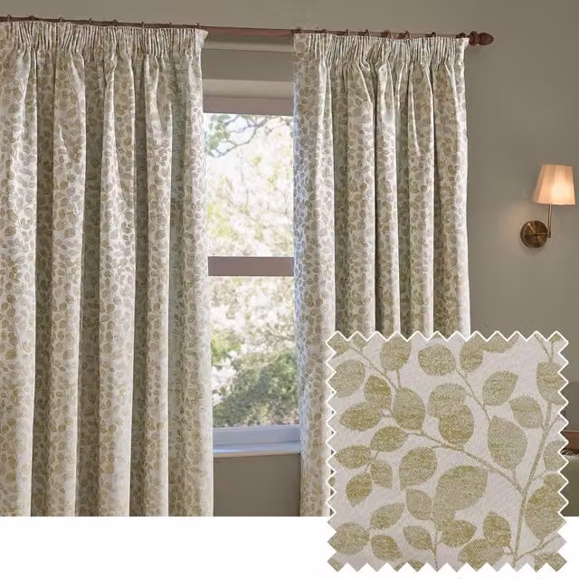 Wylder Grace Leaf Jacquard Fully Lined Pencil Pleat Curtain Pair in Pale Green, Width: 117 cm, Drop: 183 cm – 1