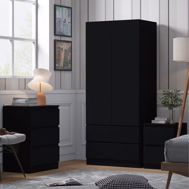 FWStyle Modern Matt Black Combination Wardrobe with 2 Doors and 2 Drawers and Soft Close Hinged Doors