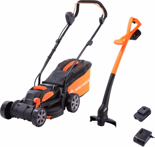 Yard Force CR20 Cordless Lawnmower and Trimmer with Rechargeable Battery and Collection Bag, Black, Cutting Width: 33 cm