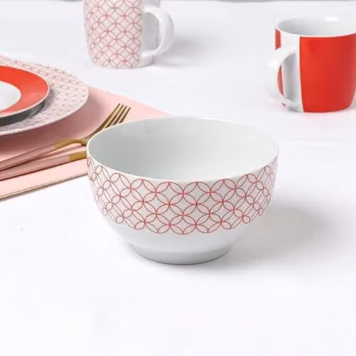 Waterside Fine China 16 Piece Red Geometric Porcelain Dinner Service