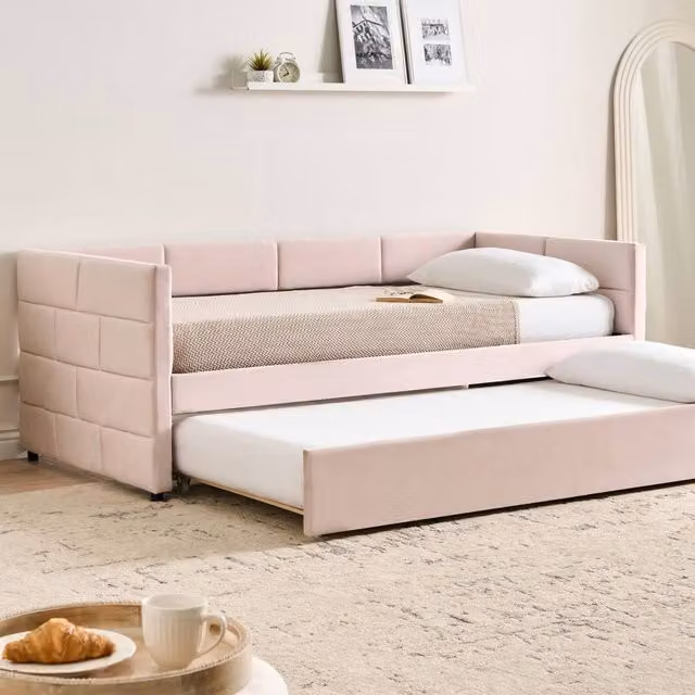 Wyld and Coco Pink Velvet Tufted Trundle Bed with Slide-Out Frame, W/D/H: 90 x 200 cm – 1