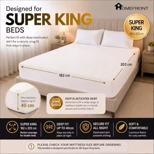 Homefront Super King Fleece Fitted Heated Mattress Cover in White, W/D/H: 203 x 182 x 40 cm – 2