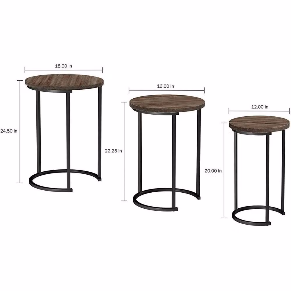KORVIXA Set of 3 Round Vintage Wood and Metal Nesting Coffee Tables in Brown – 2
