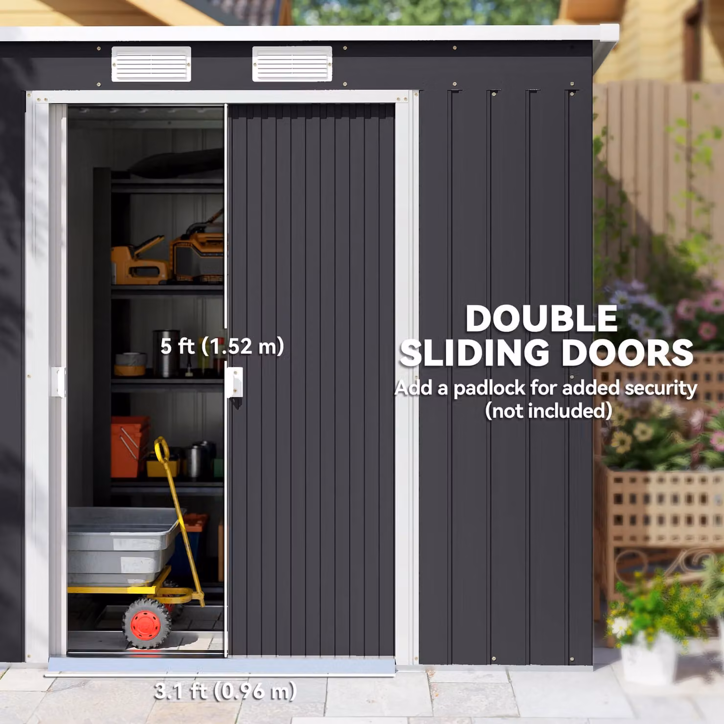 Outsunny Metal Lean-to Garden Storage Shed with Double Door and Foundation Kit, Grey, W/D/H: 213.4 x 121.9 x 173 cm – 10