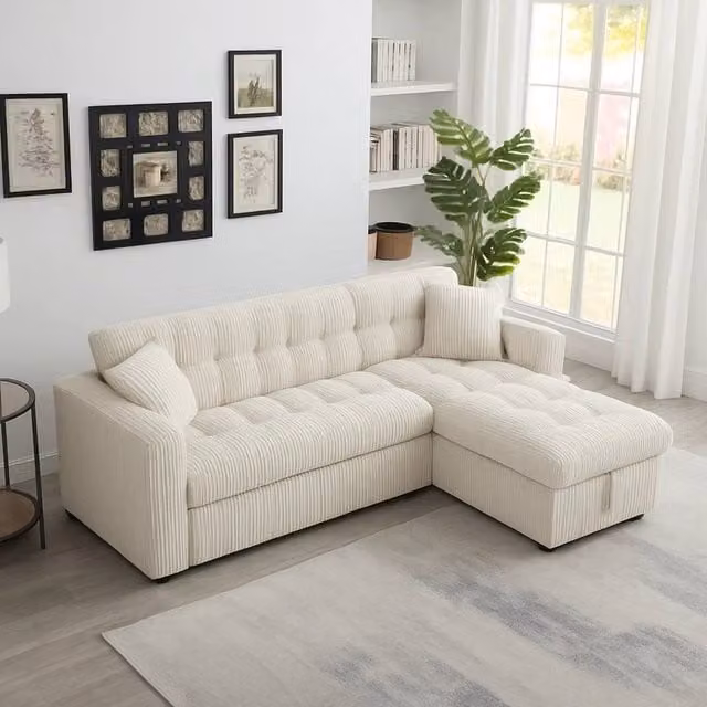 SquareBoxx Modena 3 Seater Jumbo Cord Sofa Bed with Reversible Storage Chaise in Cream