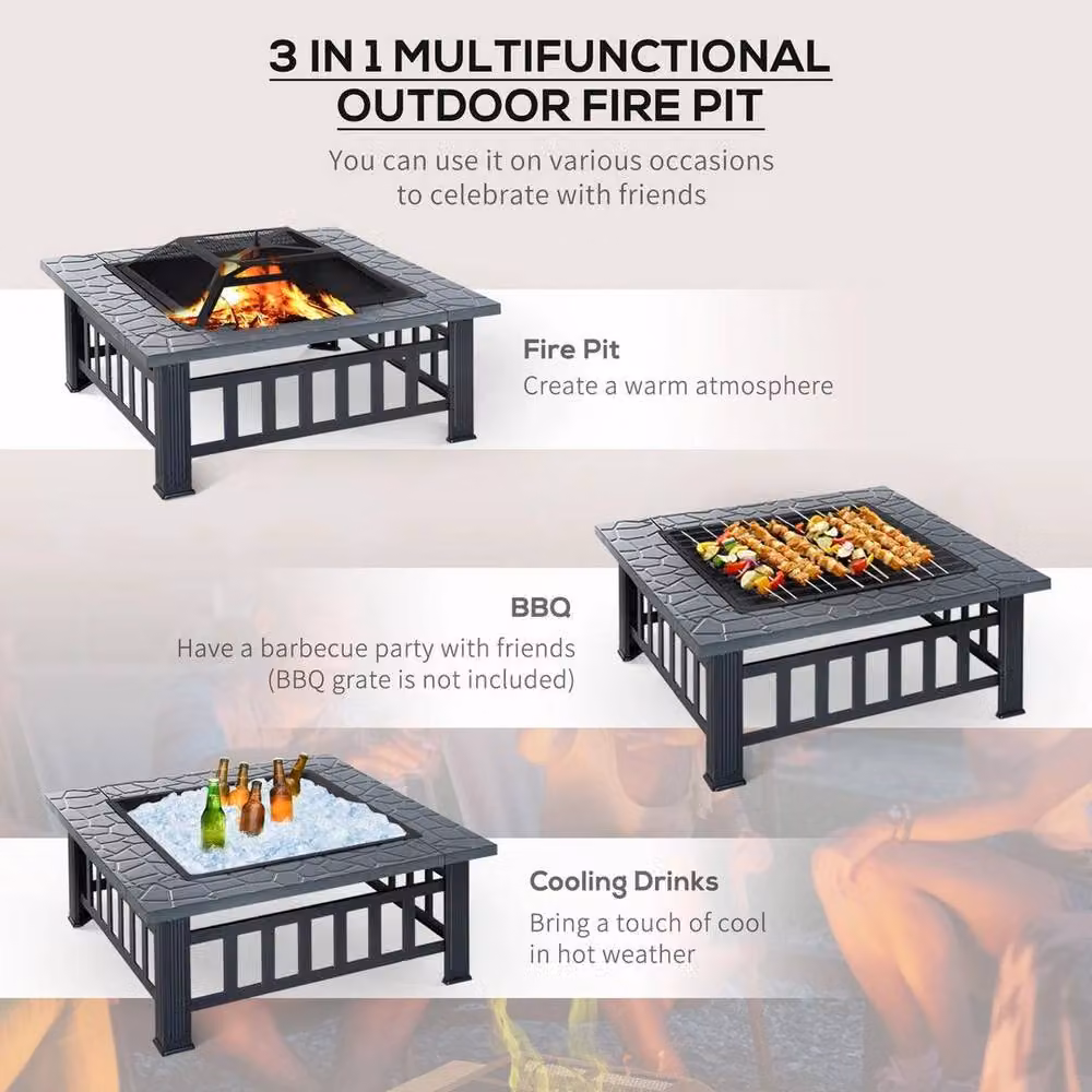 KORVIXA Fire Pit Heater Enclosure Square Table in Black W/D/H: 100 x 100 x 40 cm – 3