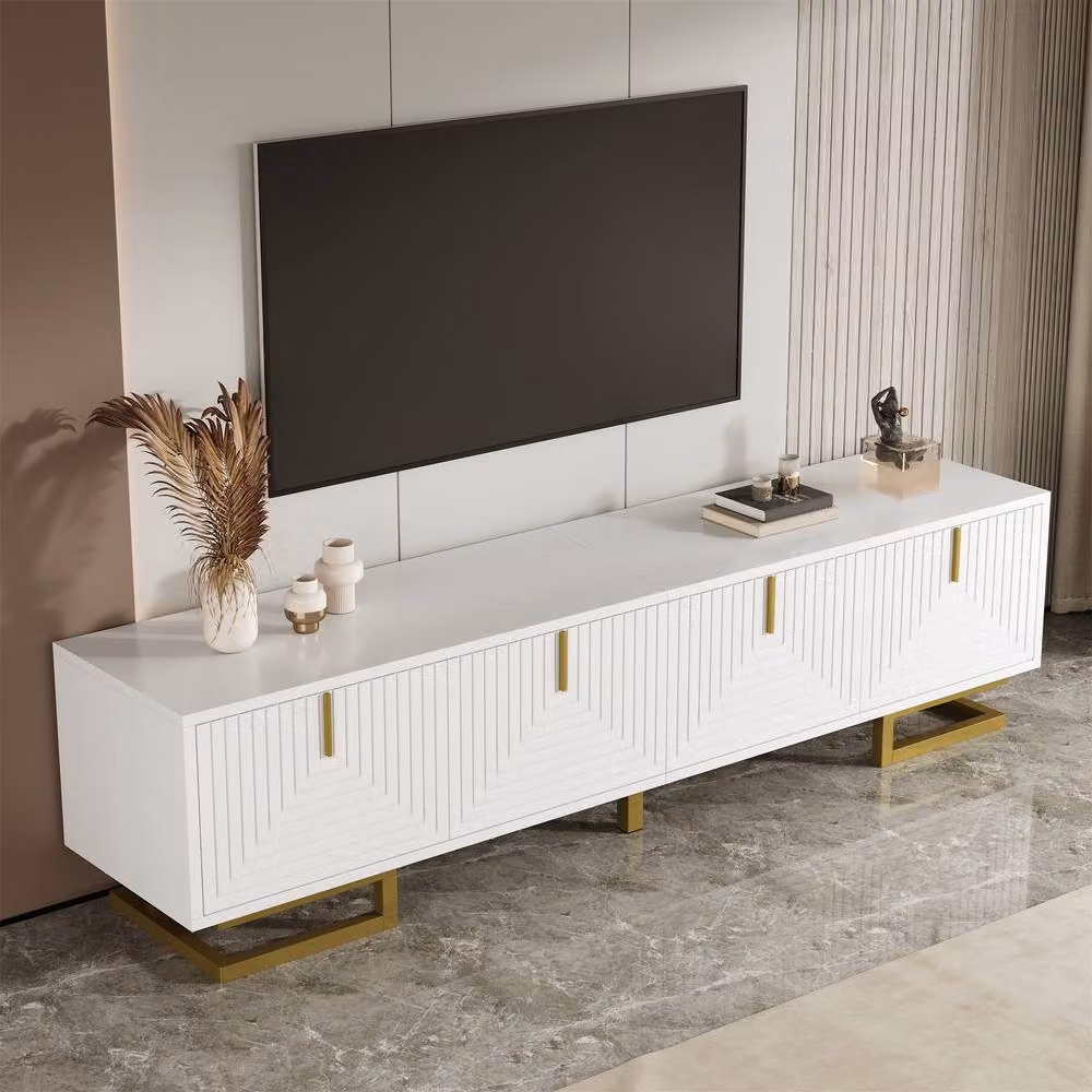 Matteo Modern White Textured TV Cabinet with Gold Metal Handles and Legs – 2