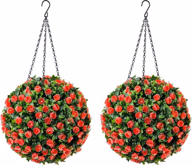 Christow Set of 2 Red Artificial Rose Hanging Topiary Balls, Diameter: 28 cm