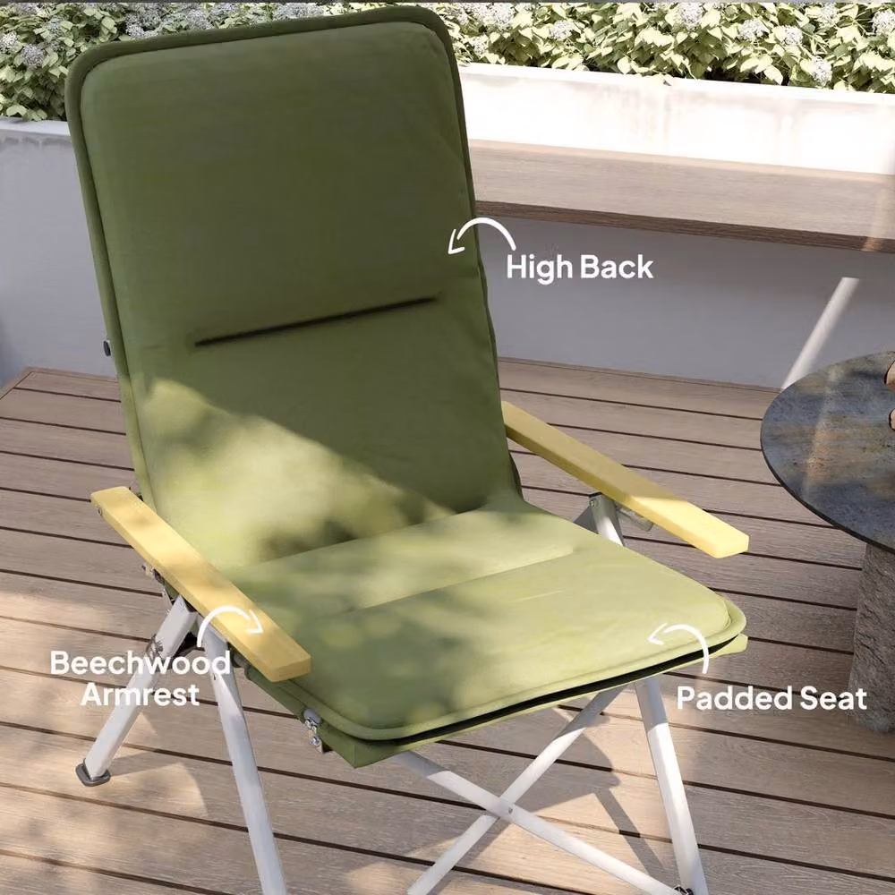 VOGREX Green Padded High Back Folding Recliner Camp Chair with Armrests and Carry Bag – 2