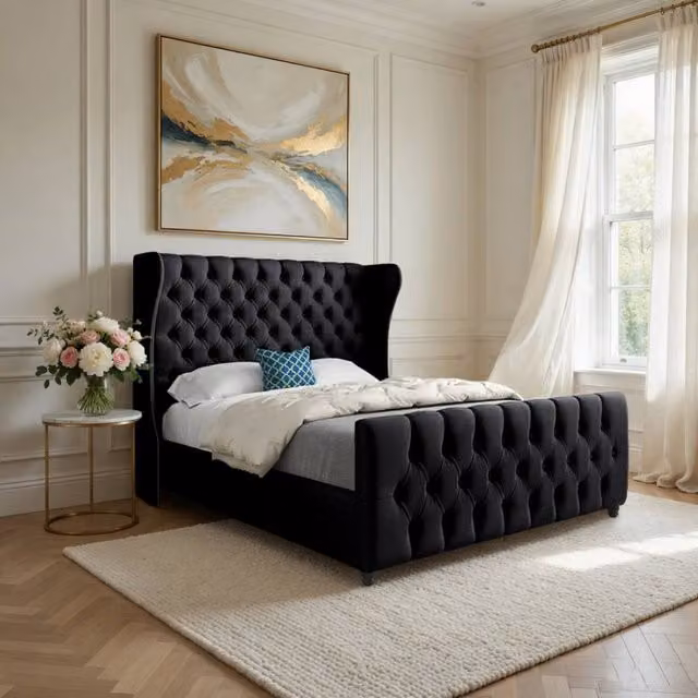 Casani Horley Upholstered Black Velvet Designer Bed Frame, W/D/H: 140 x 200 x 137 cm – 1