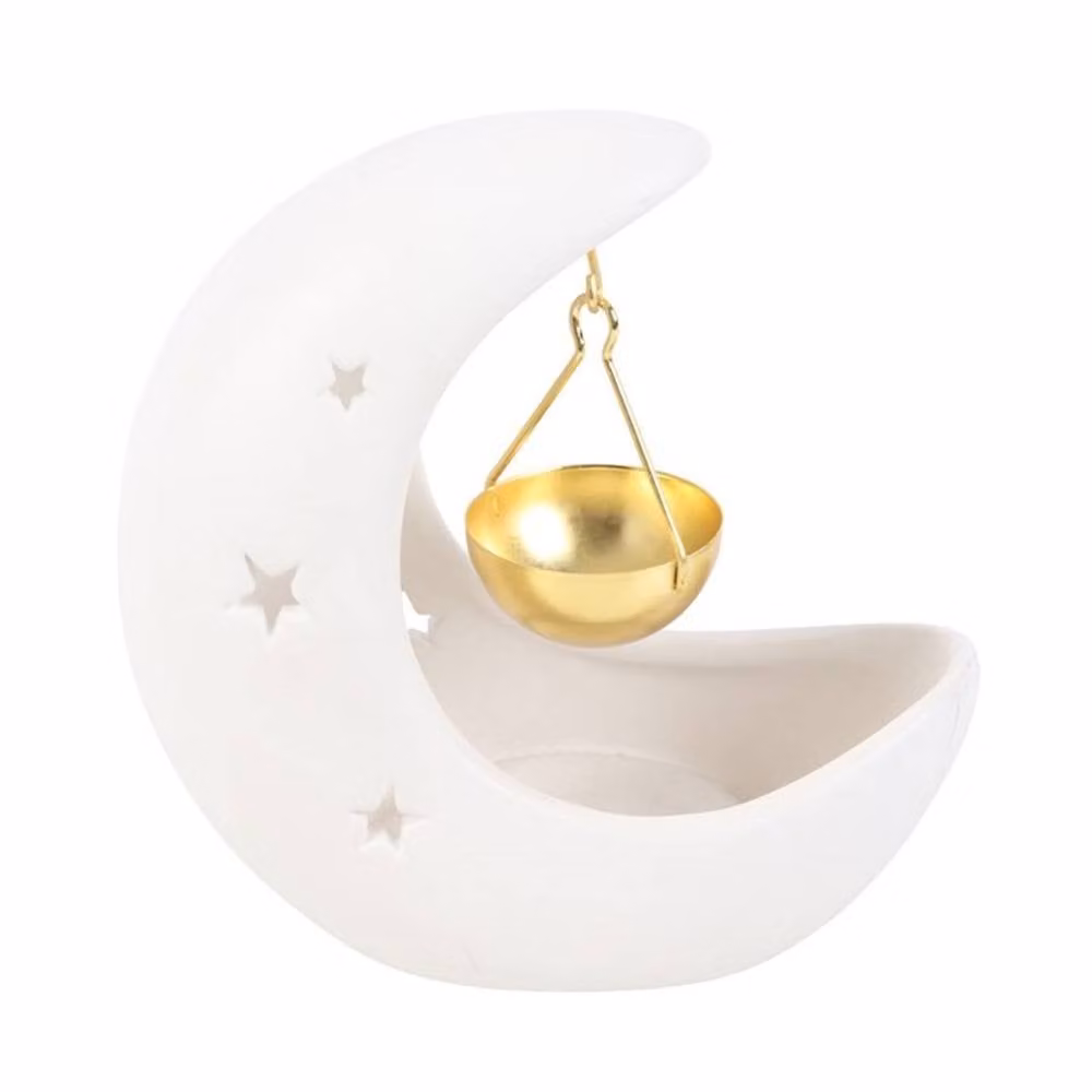Uniqueful White and Gold Ceramic Crescent Moon Tabletop Oil Burner with Tealight Holder – 2