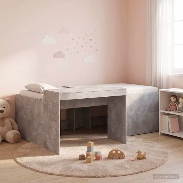 Berkfield Home Kids' High Bed Frame with Desk in Grey, W/D/H: 90 x 200 cm