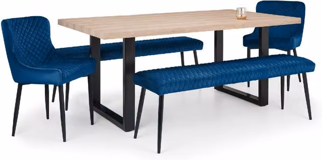 Julian Bowen Berwick Dining Set with Rectangular Oak Table, 2 Luxe Low Benches and 2 Luxe Chairs in Blue and Black