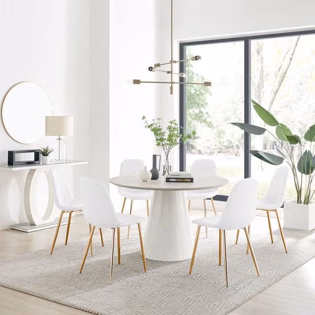 FurnitureboxUK Palma Beige Stone Effect Round Dining Table and 6 Corona Gold Leg Chairs in White