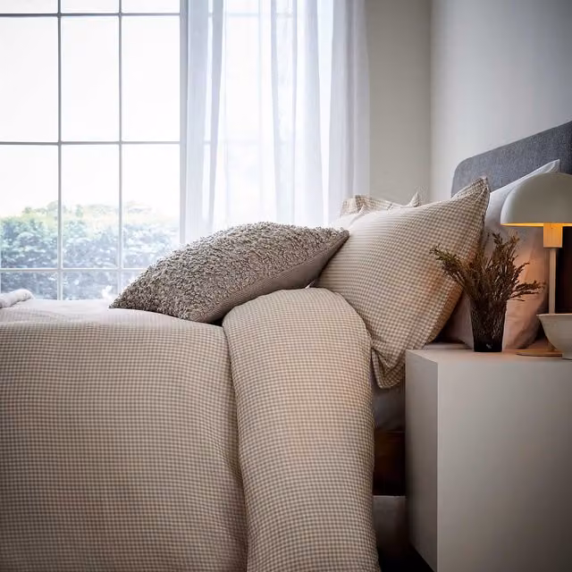 Murmur Alia Washed Gingham Double Duvet Cover and Pillowcase Set, Beige Linen Cotton Checked, W: 140 cm, L: 200 cm