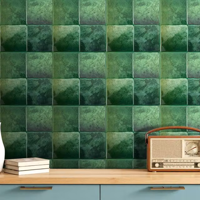 Livingandhome Set of 10 Self Adhesive 3D Geometric Square Tile Wallpaper Stickers, Green, W/D/H: 23 x 23 x 23 cm