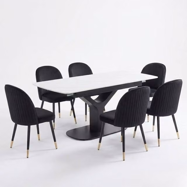 Home Luxe Interior Sapphire Extending White Quartz Dining Table and 6 Black Liza Chairs