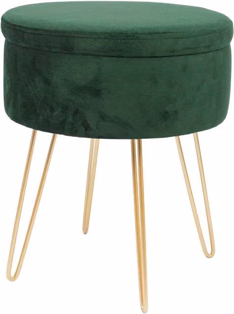 Harbour Housewares Mid-Century Cylindrical Velvet Storage Footstool with Gold Metal Legs - Green