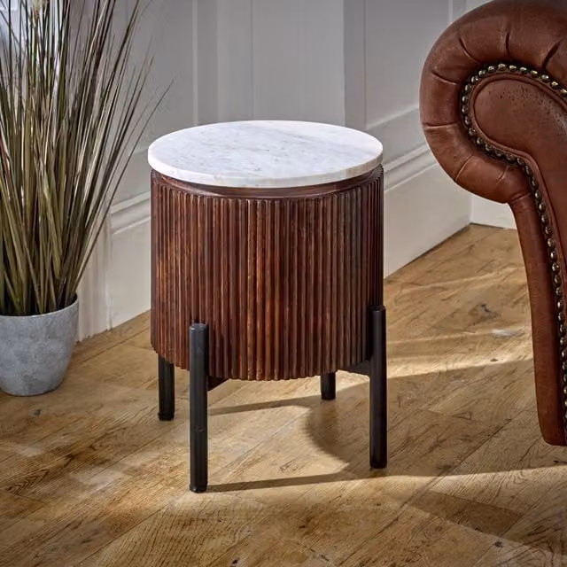 IH Design Luxor Mango Wood Side Table with Marble Top and Metal Legs in Brown and White, W/D/H: 35 x 35 x 45 cm