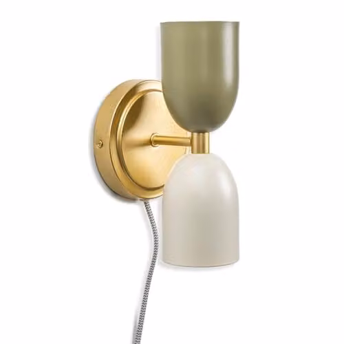 ValueLights Gold Up and Down Plug-in Wall Lamp with Beige Shades and LED Bulb – 1