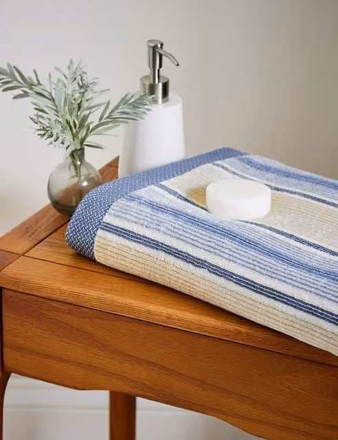 Bedeck of Belfast Lorelei Fluffy Striped Cotton Terry Towel in Blue Mix