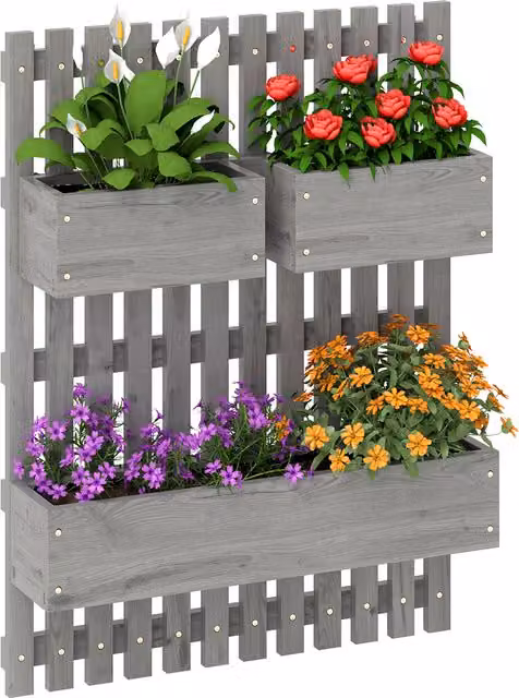 Outsunny Wall-mounted Wooden Garden Planters with Trellis and 3 Planter Boxes, Grey – 1