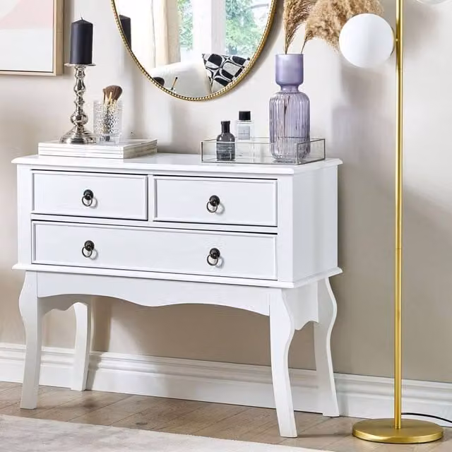 Wyld and Coco White MDF Console Table with 3 Drawers in a Retro Design, W/D/H: 91 x 35 x 75 cm