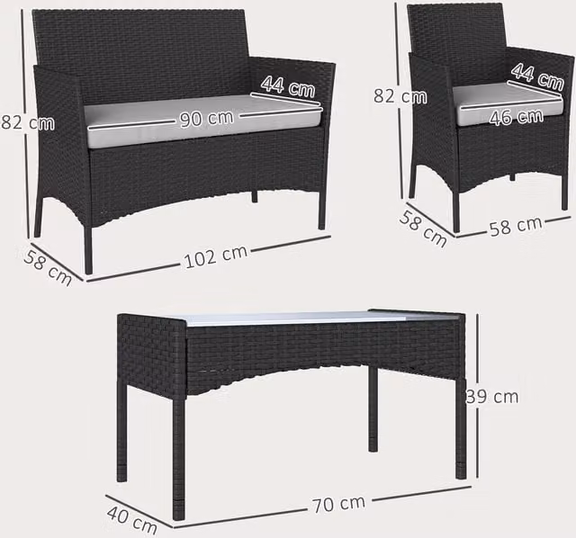 Outsunny 4 Piece Modern Black Rattan Garden Furniture Sofa Set with Cushions and Glass Table