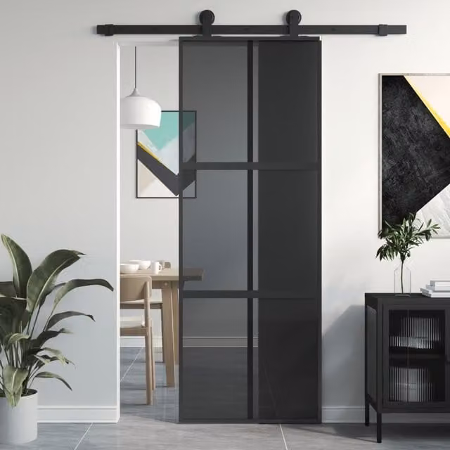 Berkfield Home Modern Black Sliding Door with Transparent Tempered Glass and Aluminium, W: 76 cm, H: 205 cm