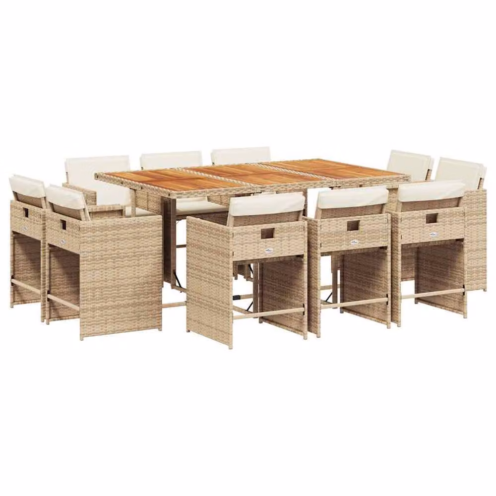 Berkfield Home 11 Piece Extendable Garden Dining Set with Beige Cushions and Acacia Wood Poly Rattan – 2
