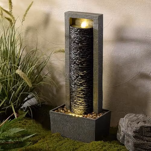 Teamson Home Garden Outdoor Waterfall Water Fountain with Warm LED Lights and Layered Rock Design in Dark Grey and Brown, W/D/H: 21.59 x 21.59 x 82.03 cm – 3