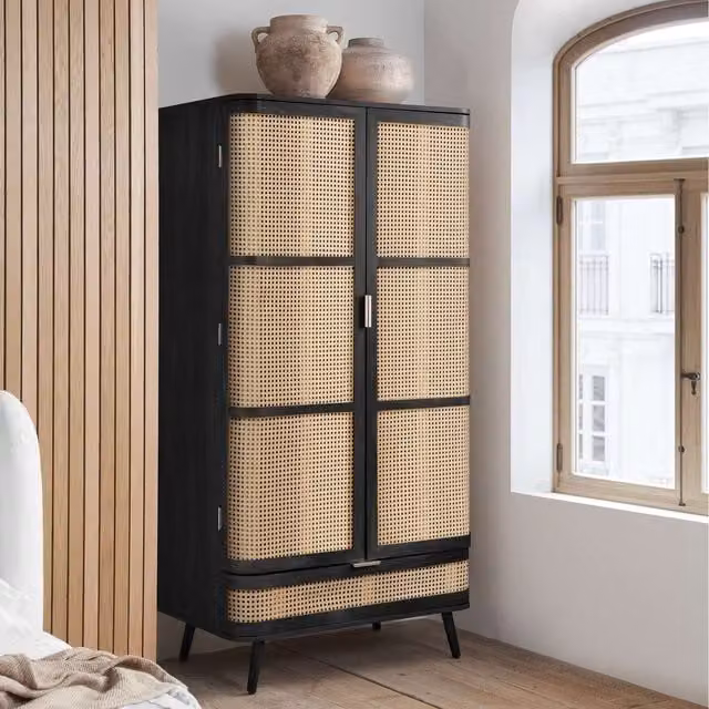Birlea Sark Mid Century Modern Rattan Wardrobe with 2 Doors and 1 Drawer in Black