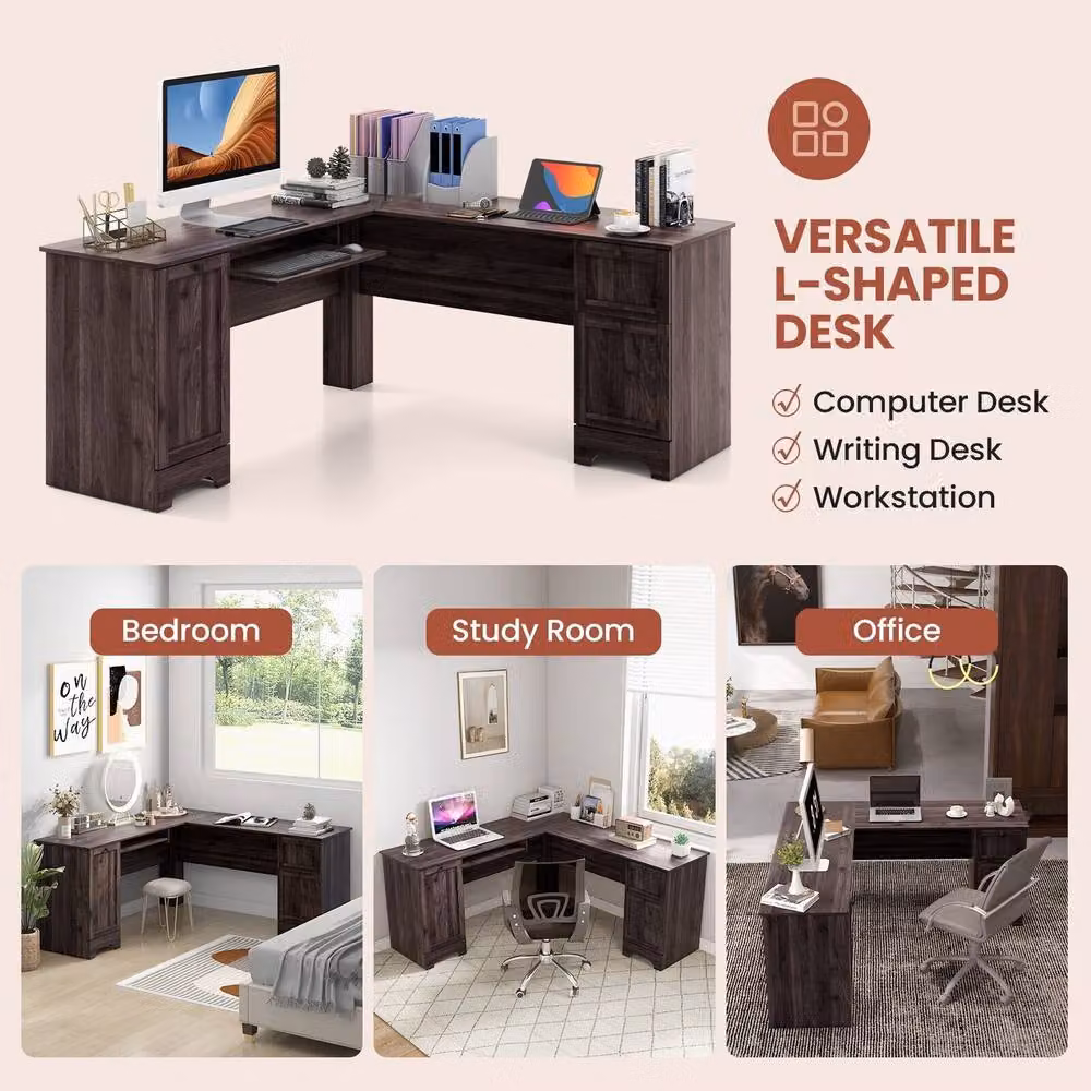 Costway L-Shaped Corner Computer Desk Study Workstation with Cabinet and Drawers in Dark Brown – 8