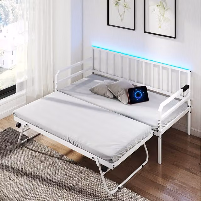 Costway Modern Metal Sofa Bed Base and Daybed Frame with USB Charging Port and Under-bed Lighting, White, W/D/H: 200 x 90 cm