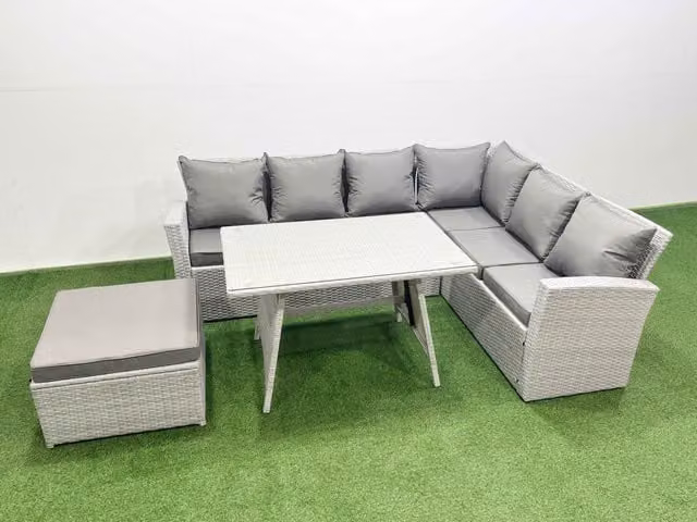 Fimous 7 Seater Modern Rattan Garden Furniture Set with Rectangular Glass Dining Table in Light Grey