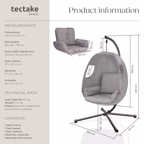 tectake Hanging Egg Chair Anika in Grey with Frame and Extra Thick Cushion – 3