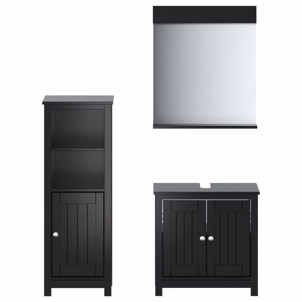 Berkfield Home Beautiful 3 Piece Black Solid Pine Bathroom Furniture Set including Vanity Unit, Tall Cabinet and Mirror Cabinet – 2