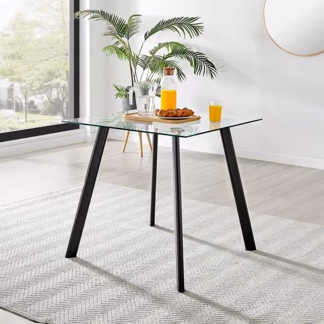 FurnitureboxUK Seattle 4-Seater Square Glass Dining Table with Black Metal Legs, W: 80 cm