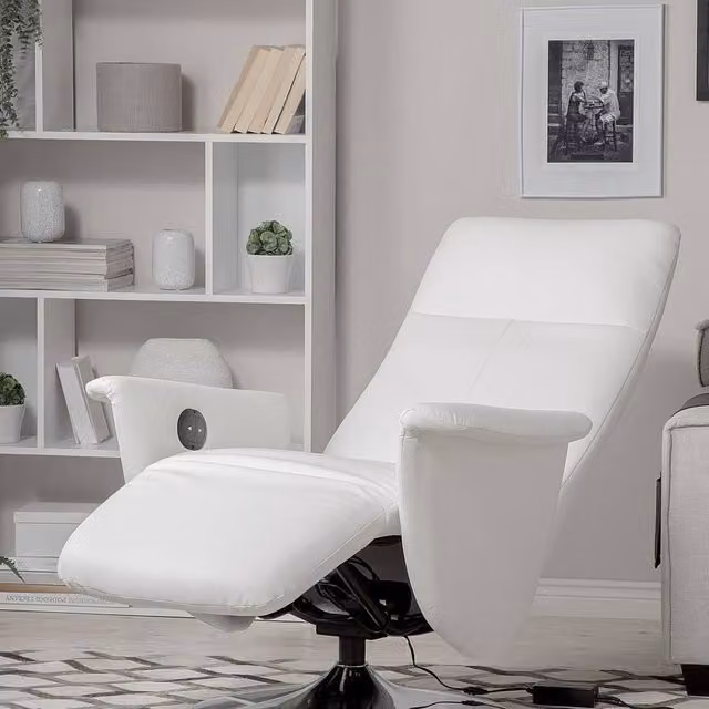 Wyld and Coco White Faux Leather Reclining Armchair with Pull-out Ottoman