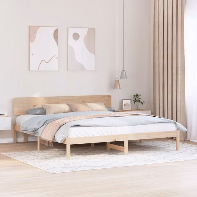 Berkfield Home Solid Pine Wood Bed Frame with Headboard, Beige, W/D/H: 180 x 200 cm