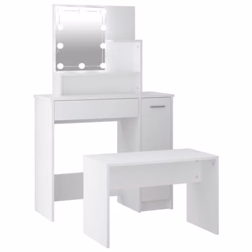 vidaXL Dressing Table Set with LED Mirror in White Matt MDF – 1