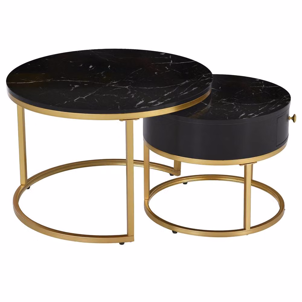 STILVORA Nesting Coffee Tables Set of 2 in Black and Gold with Round MDF Tops and Metal Sled Base – 3