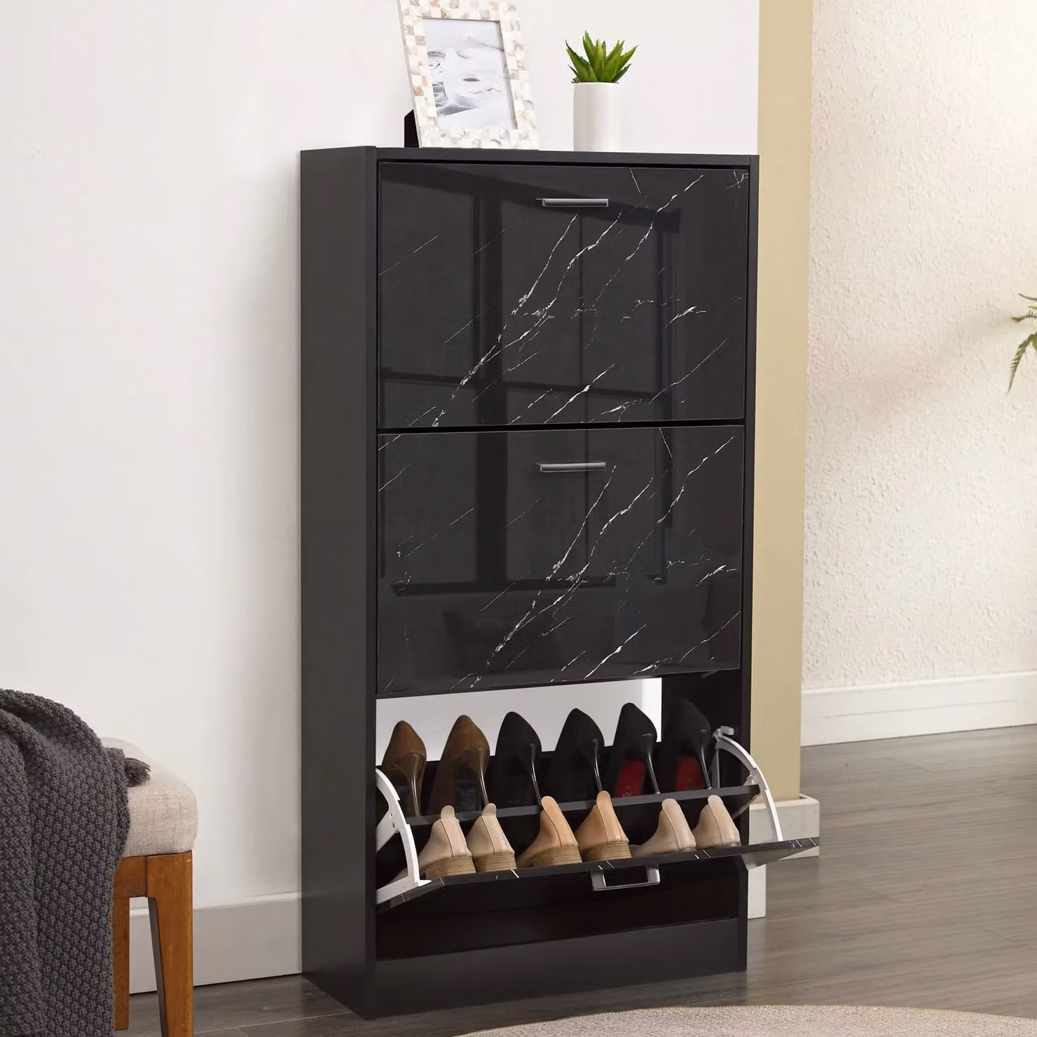 Slim 3 Drawer Tall Shoe Cabinet for Hallway in Black Glossy Finish
