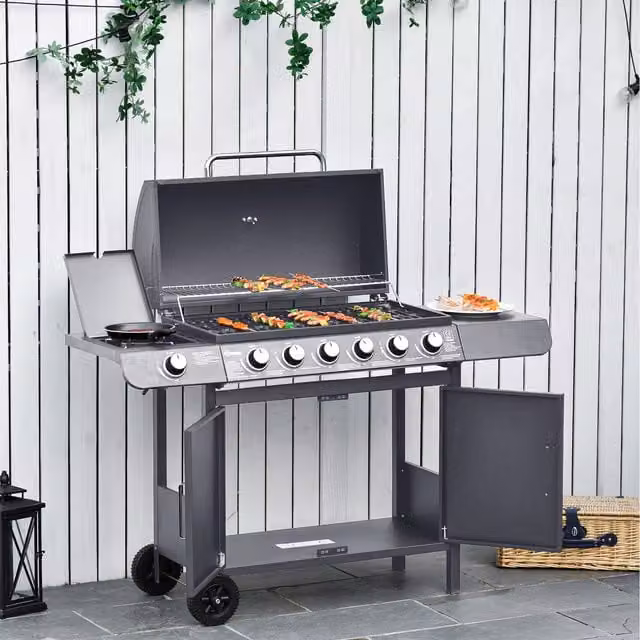 Outsunny Gas BBQ Grill with Wheels and Side Burner in Grey