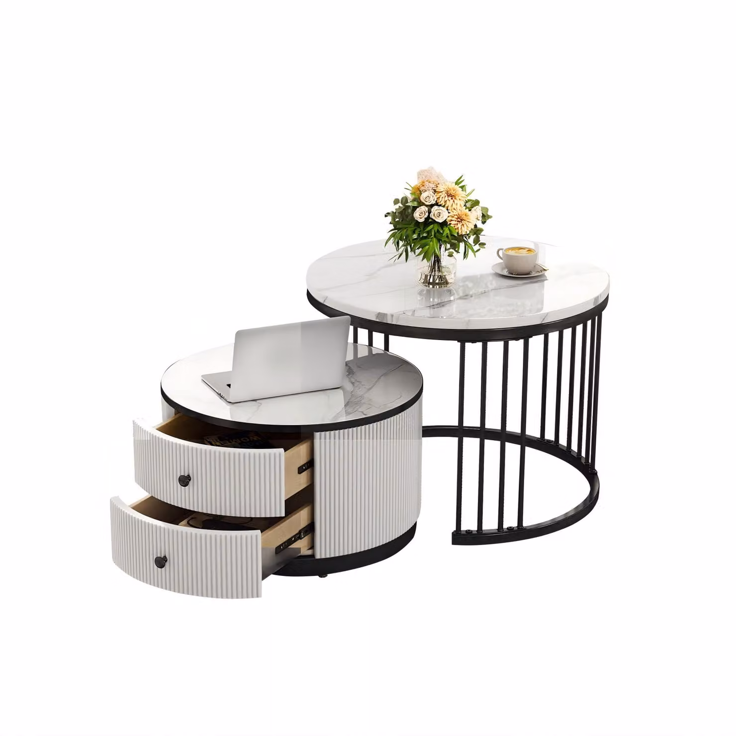 Aosom High Gloss Nesting Coffee Table Set with Marble Pattern Top and Storage Drawers, Modern Round Side Tables in White and Black – 2