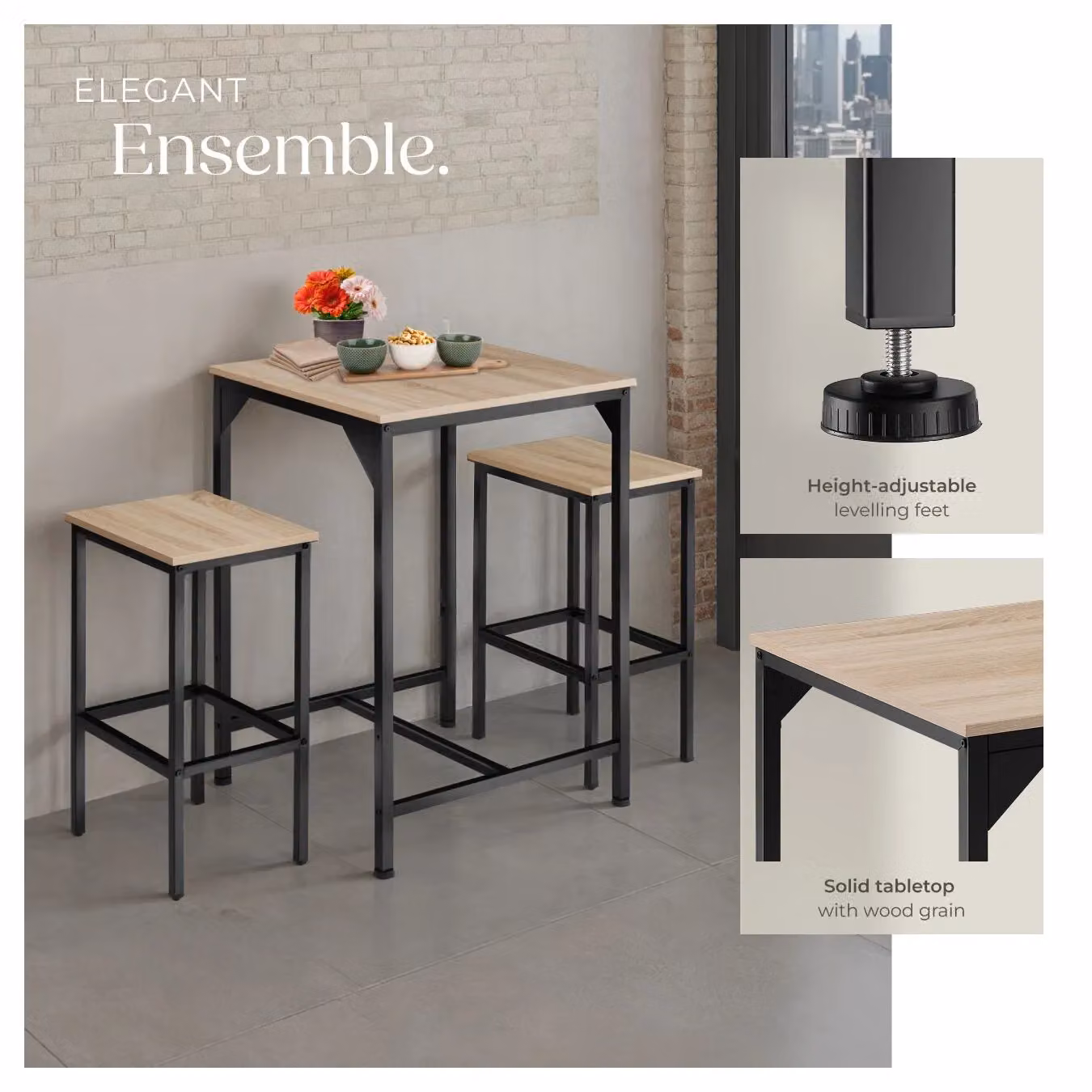 tectake Inverness Dining Table and 2 Bar Stools Set in Light Oak and Brown – 3