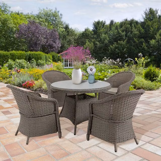 Outsunny 4 Seat Grey PE Rattan Outdoor Dining Set with Round Glass Table