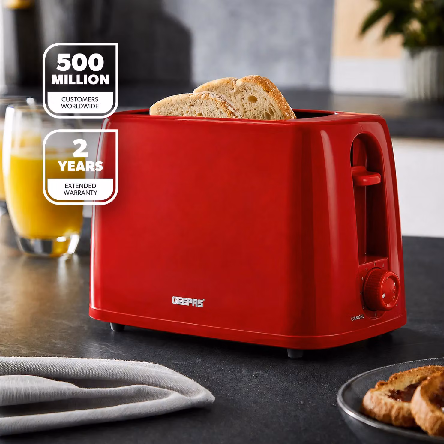 Geepas 2 Slice Bread Toaster with 6 Level Browning Control and Crumb Tray in Red – 2