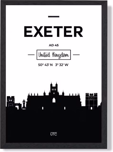 ARTZE Exeter Black and White City Skyline Framed Print, A3 Size with Black Frame